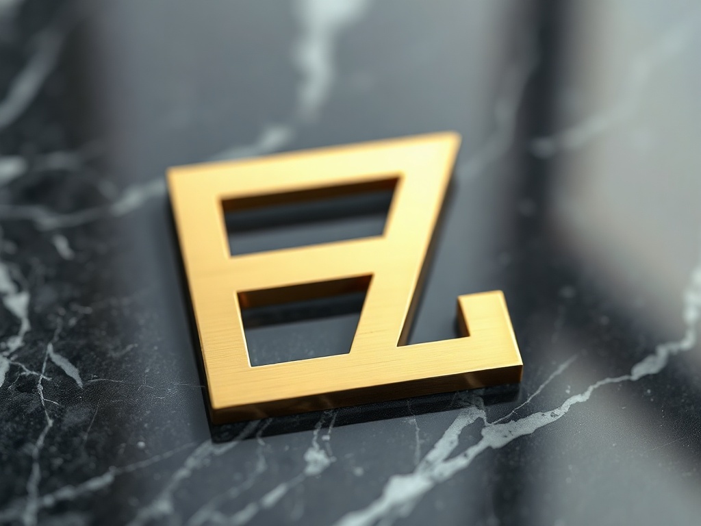 Macro shot of a polished brass geometric logo mark (stylized 'E' and 'Z' interlocked) on a dark marble surface. Reflective highlights, soft diffused studio light. Photorealistic, 8k.